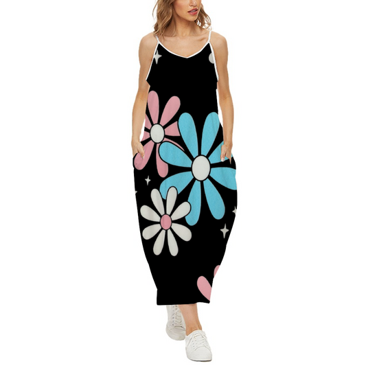 Plus Size Blue Pink White Big Daisies Series Pride Black Loose Sleeveless Beach Dress