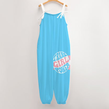 Blue Pink White All Over Pride 'TRANS GIRL POWER' Blue Bow-Tie Dungarees