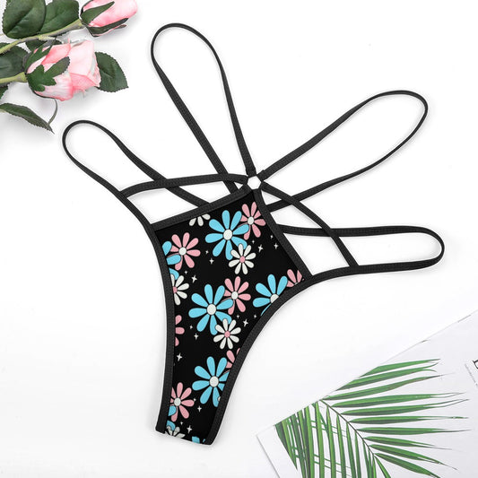 Blue Pink White Big Daisies Pride Black Sexy G-String Thong