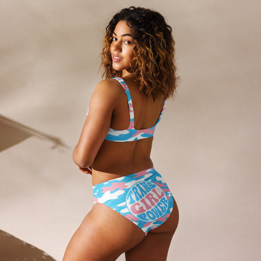 Blue Pink White 'TRANS GIRL POWER' Pride Camouflage Recycled High-Waisted Bikini Twin-Set