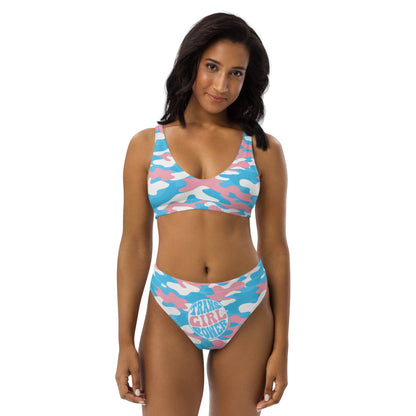 Blue Pink White 'TRANS GIRL POWER' Pride Camouflage Recycled High-Waisted Bikini Twin-Set