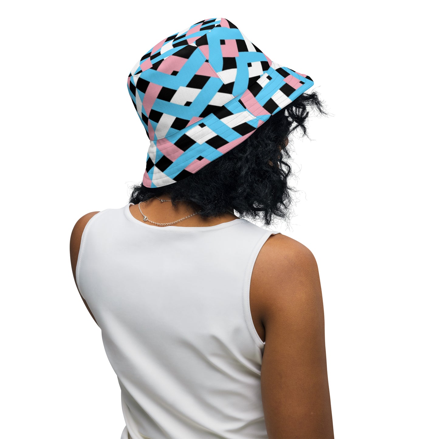 Blue Pink White Pride Lattice Series Black Reversible Bucket Hat