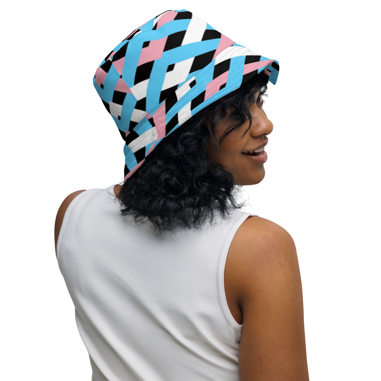 Blue Pink White Pride Lattice Series Black Reversible Bucket Hat