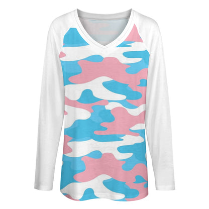 Plus Size Blue Pink White Camouflage Pride Deep V-Neck Loose-Fitting Casual T-Shirt