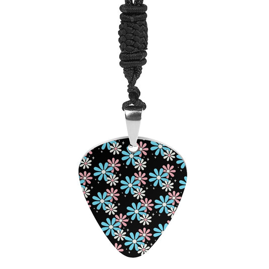 Blue Pink White Big Daisies Titanium Steel Guitar Pick Pendant Necklace