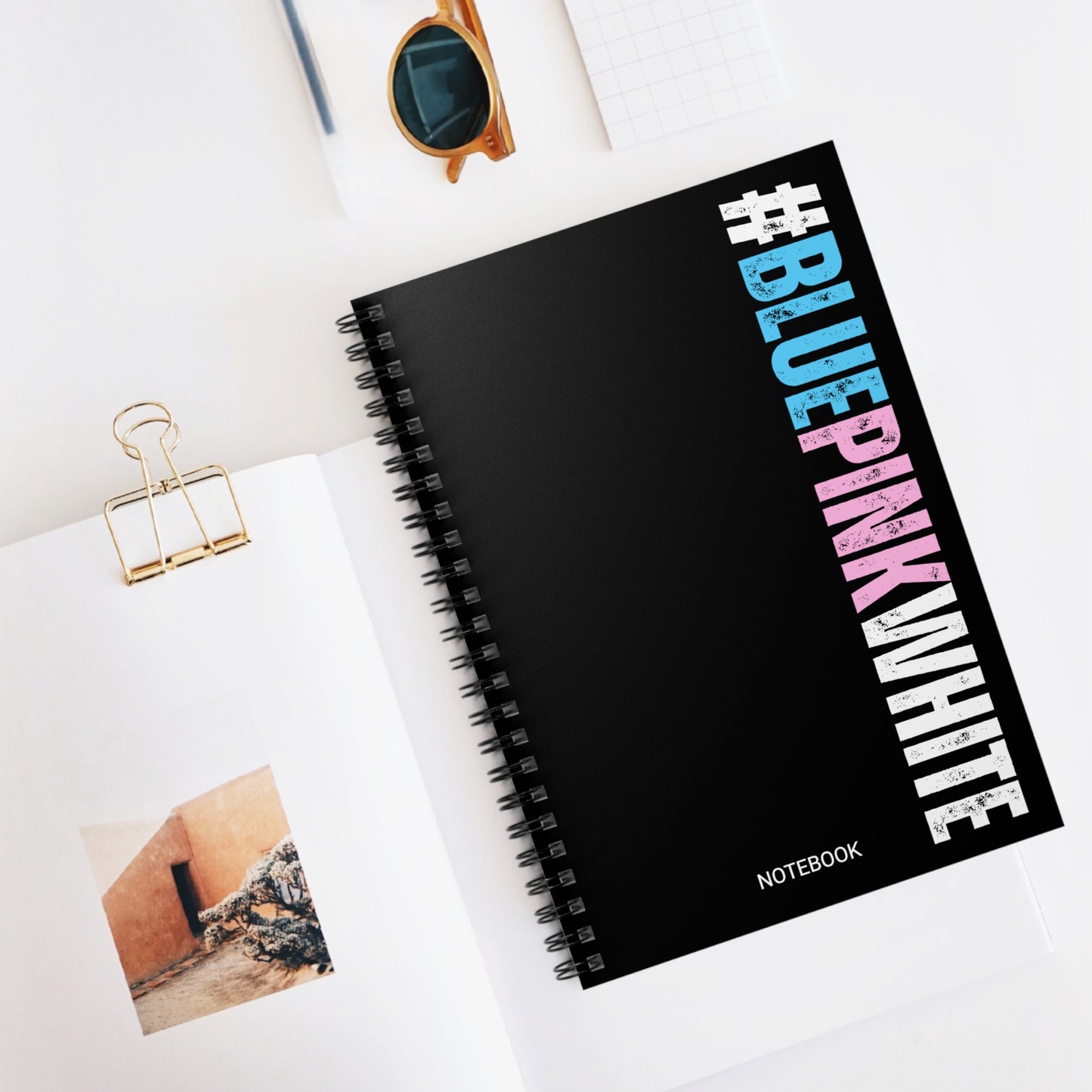 Blue Pink White #BLUEPINKWHITE Series Black Spiral Notebook