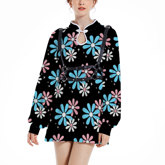 Plus Size Blue Pink White Big Daisies Series Black Trumpet Sleeved Cheongsam Elegant Above-the-Knee Dress