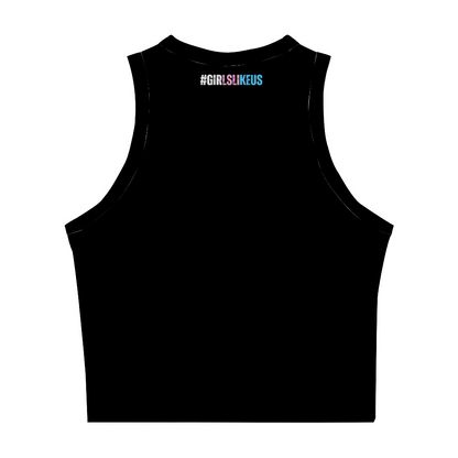 Blue Pink White 'GIRLSLIKEUS' Hashtag Series Black Sleeveless Cropped Tank Top