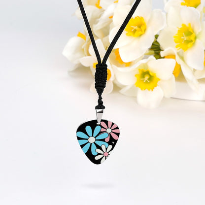 Blue Pink White Big Pride Daisies Titanium Steel Guitar Pick Pendant Necklace