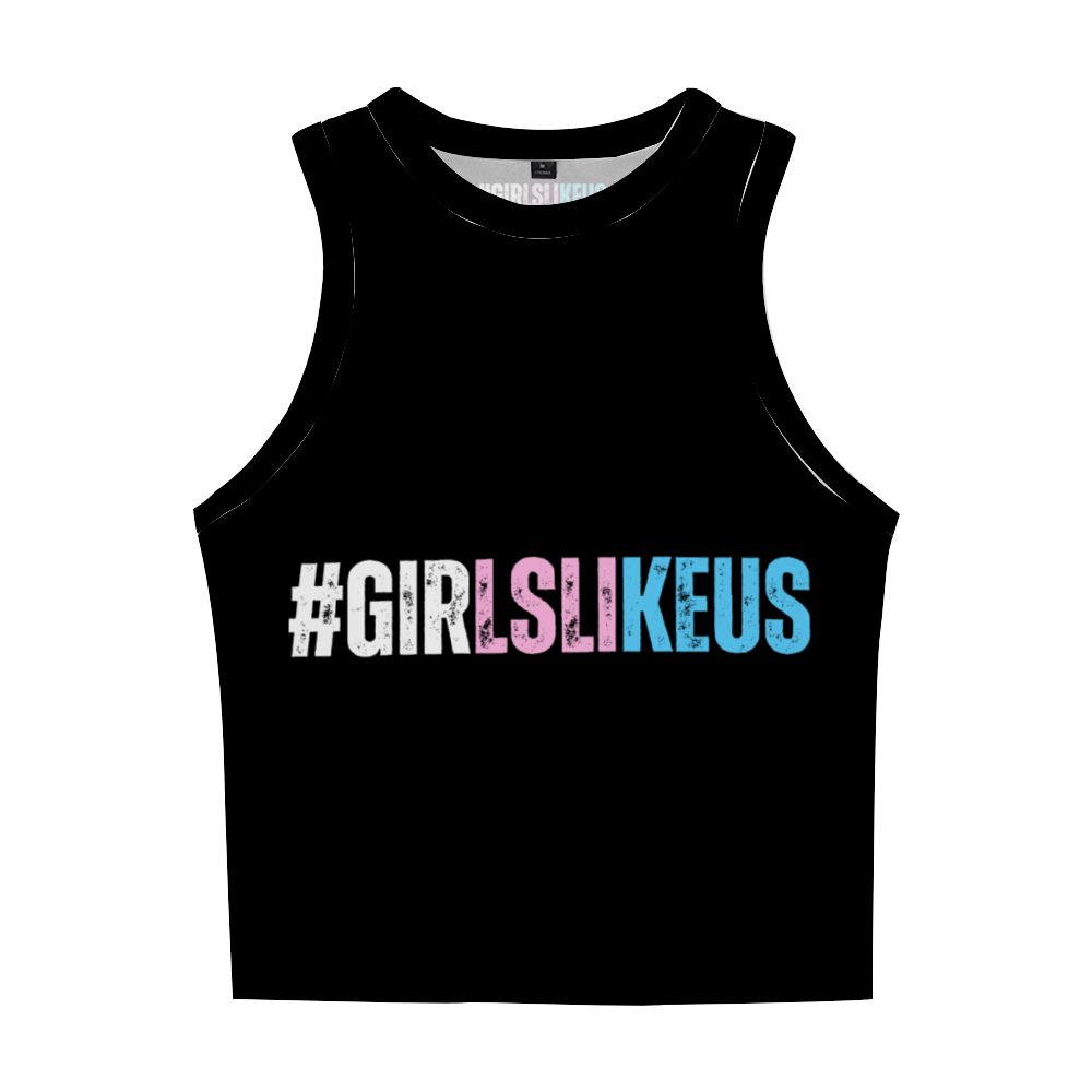 Blue Pink White 'GIRLSLIKEUS' Hashtag Series Black Sleeveless Cropped Tank Top