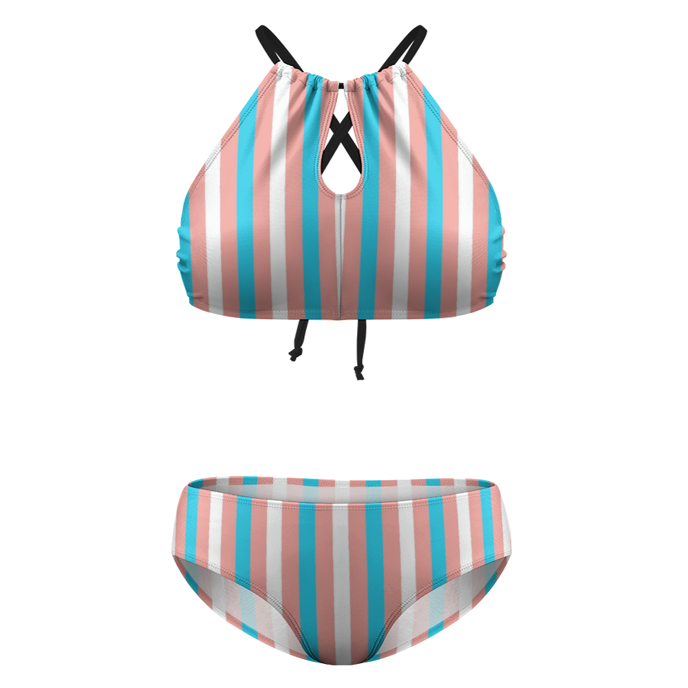 Plus Size Blue Pink White Candy Striped Pride Two Piece Stylish Bikini