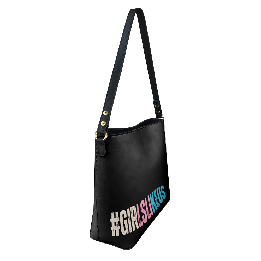 Blue Pink White 'GIRLSLIKEUS' Hashtag Series Black Large Vegan Leather Crossbody Bag