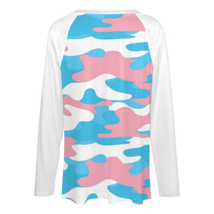 Plus Size Blue Pink White Camouflage Pride Deep V-Neck Loose-Fitting Casual T-Shirt