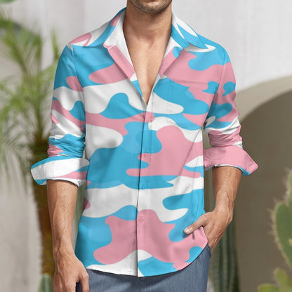 Blue Pink White Camouflage Boyfriend Peach Velvet Casual Shirt