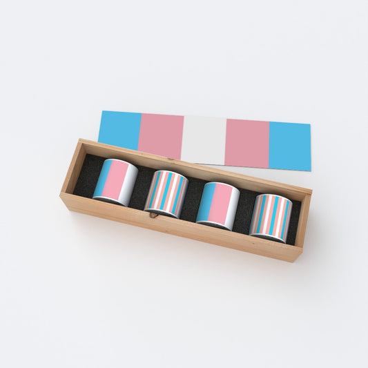 Blue Pink White All Over Trans Pride Printed 4 x 11oz Coffee Mugs Gift Box