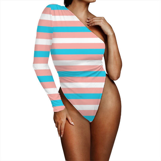 S-4XL Blue Pink White Pride Candystriped One-Shoulder Bodysuit