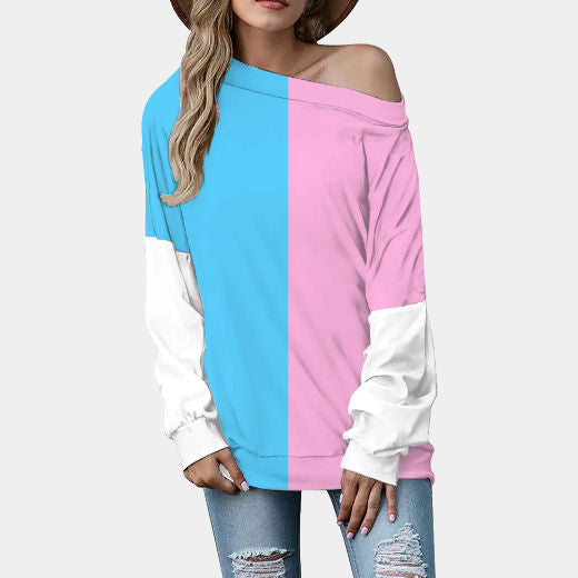 Plus Size Blue Pink White Pride Contrast-Sleeve Slouchy Fit Sweatshirt