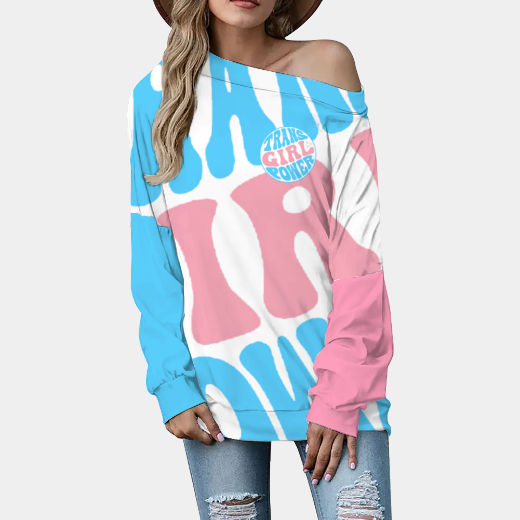 Plus Size Blue Pink White 'TRANS GIRL POWER' Contrast-Sleeve Slouchy Fit Sweatshirt