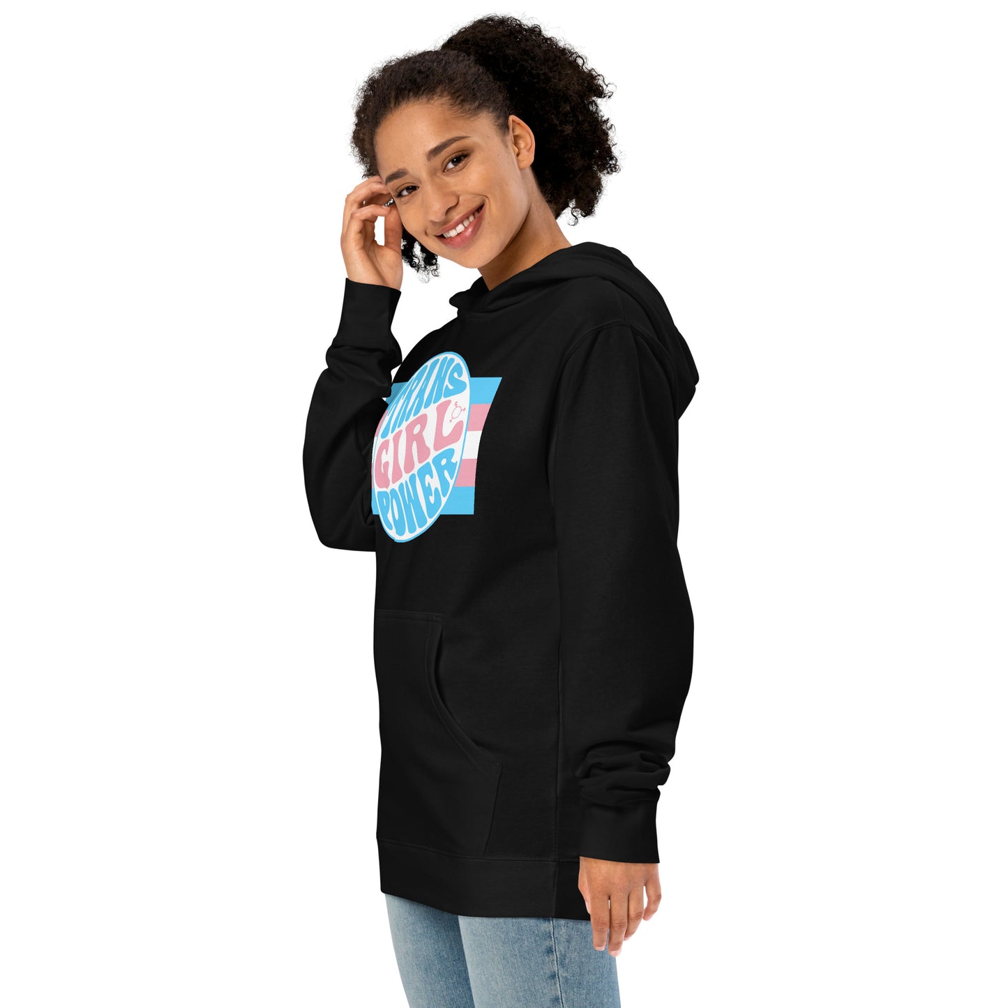 Blue Pink White Teen 'TRANS GIRL POWER' Pride Black Jersey Lined Hoodie