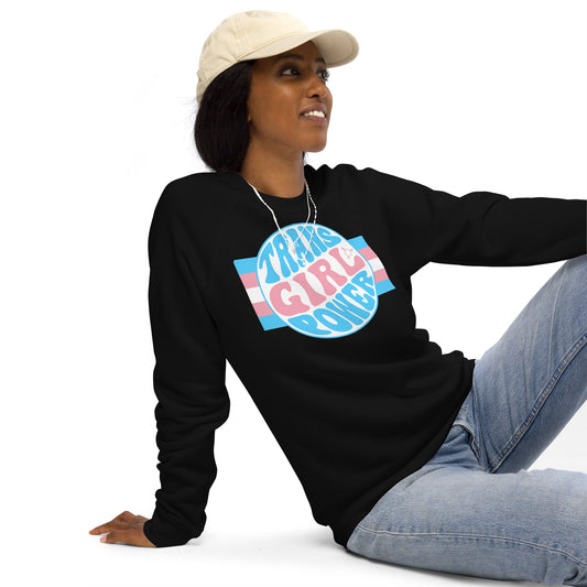 Blue Pink White 'TRANS GIRL POWER' Raglan-Sleeved Black Organic Sweatshirt