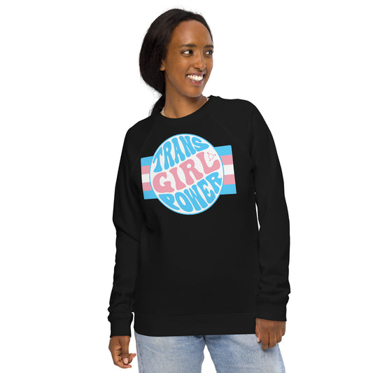 Blue Pink White 'TRANS GIRL POWER' Raglan-Sleeved Black Organic Sweatshirt