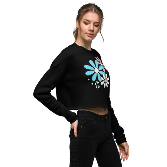 Blue Pink White Big Daisy Pride Black Crop Sweatshirt